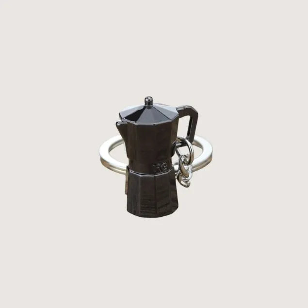 A black coffee stovetop mokapot brewer keyring