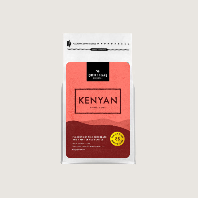 A kenyan coffee beans logo design with pink colours and deep reds on a bag of coffee with flavour descriptions