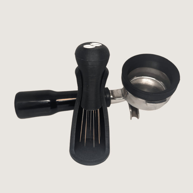 coffee equipment 3d printed coffee catcher for 58mm espresso machine showing underneath some magnets with WDT tool with coffee beans