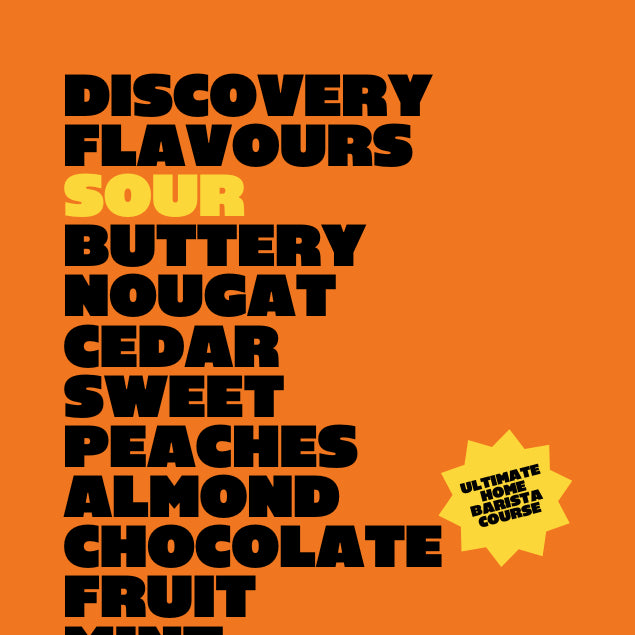 Black text on orange background listing all the different flavours with the word Sour highlighted in yellow for the online course of discovering flavours of sour