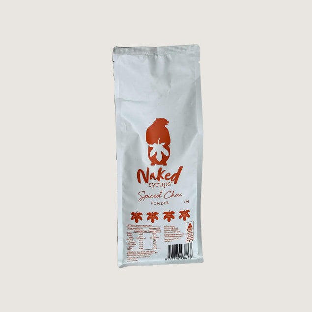 White bag of Chai Powder to buy online with red colour text and logo of naked syrups branding