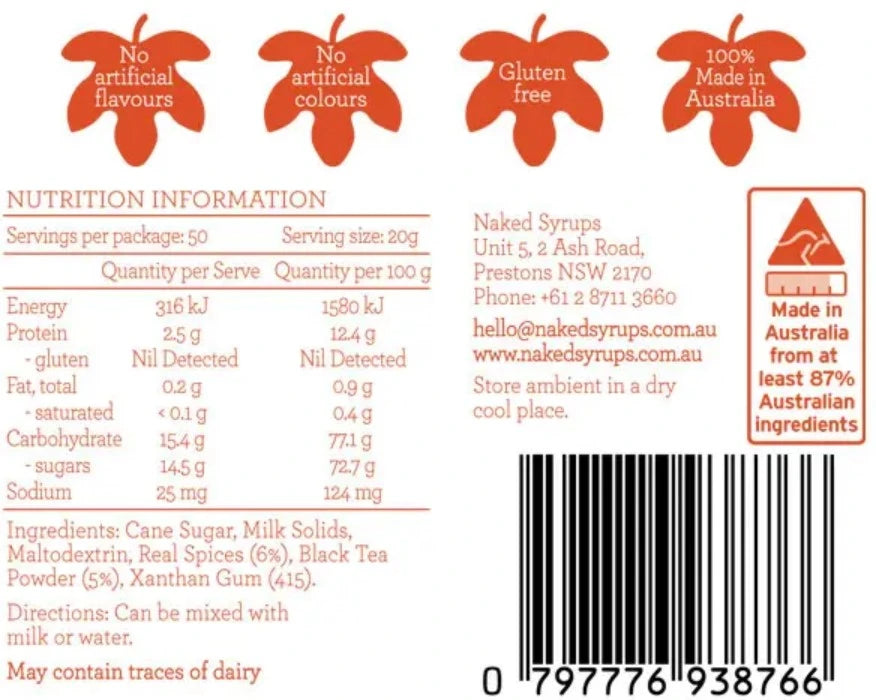 Nutritional information for Chai Powder image displaying all the info