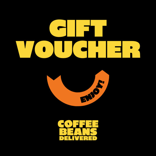 Coffee beans delivered gift voucher design with Yellow text on black background and a curved arrow with “enjoy” written inside so that whole design represent a smiling face