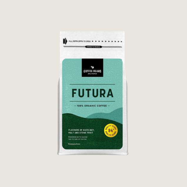 A coffee beans blend bag label named Futura showing organic coffee descriptions and flavours