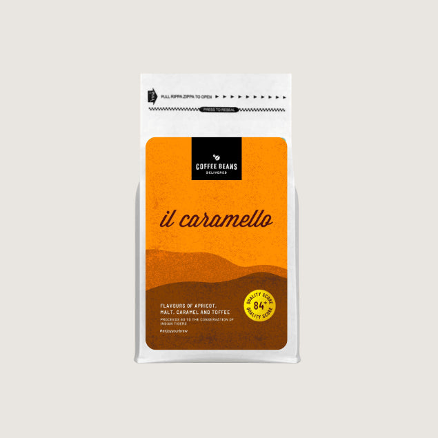 coffee beans blend logo design for il caramello coffee bag with colours of gold and browns with flavour descriptions