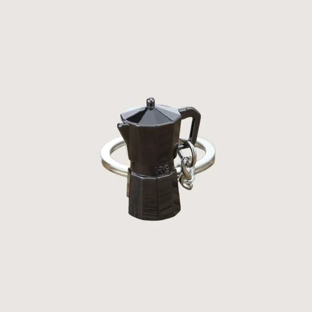 A black coffee stovetop mokapot brewer keyring 
