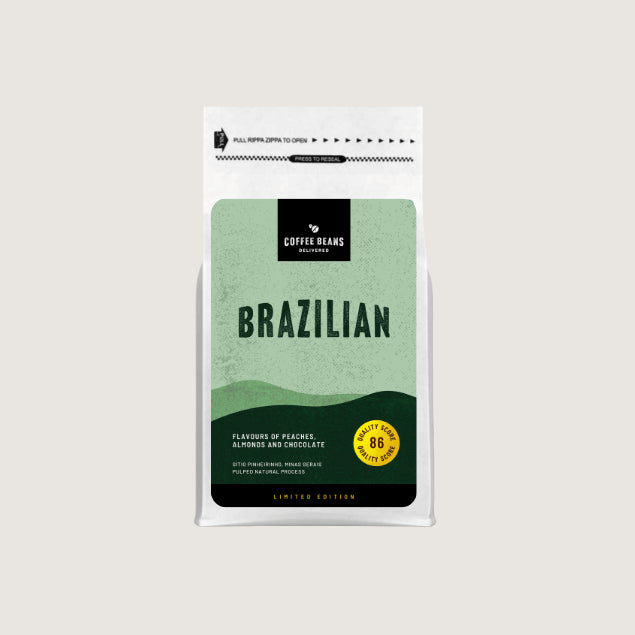 Brazilian coffee beans single origin design label for a coffee bag with green colours and wavy patterns and coffee descriptions