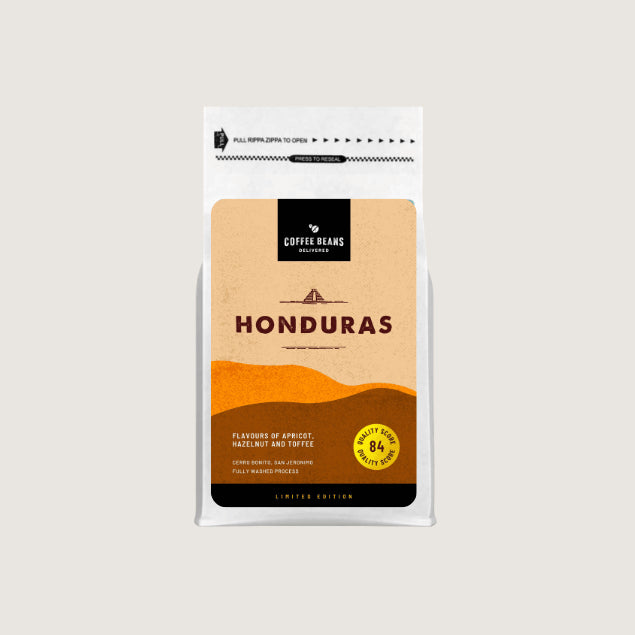 A label design for coffee beans from Honduras with light sandy colours and coffee flavour descriptions