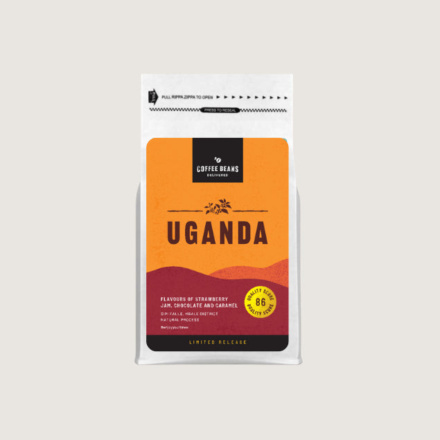 Ugandan coffee beans single origin label for coffee bag with colours of deep yellow and reds coffee descriptions and flavours