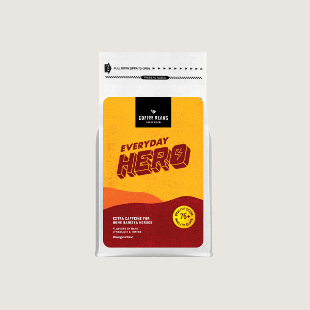 A coffee beans blend label for a bag of coffee called Every Day Hero with coffee descriptions and flavours