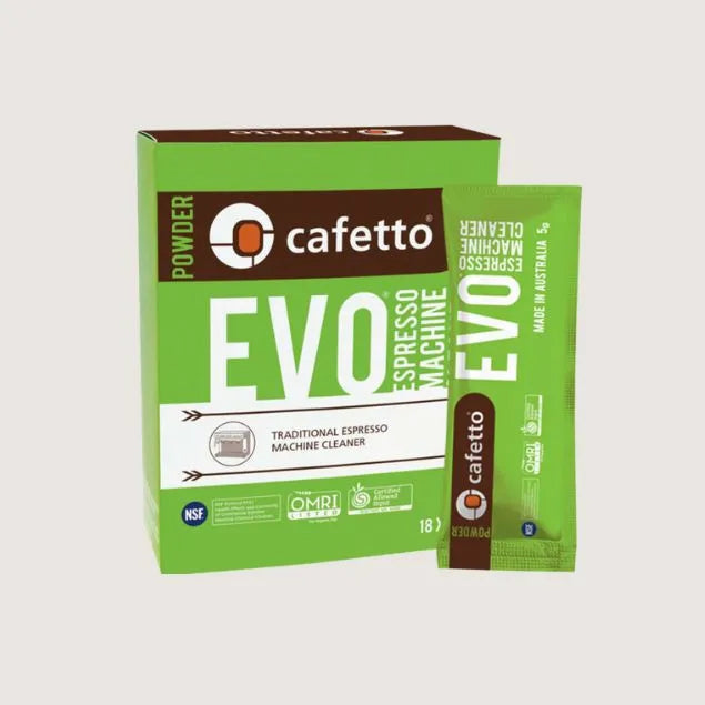 cafetto evo espresso machine cleaner sachets with bright green colouring and large white font