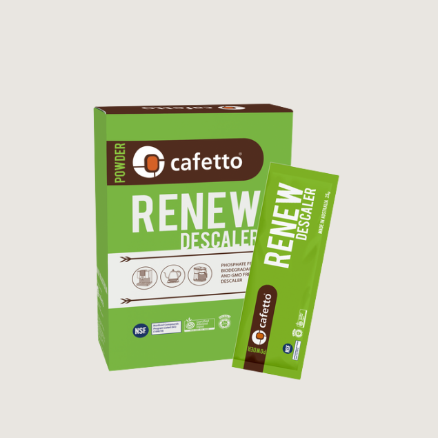 Cafetto Renew Descaler powder in a green box and sachet, a phosphate-free and biodegradable solution for descaling espresso machines, kettles, and coffee brewers. Certified for safe and efficient coffee equipment cleaning.