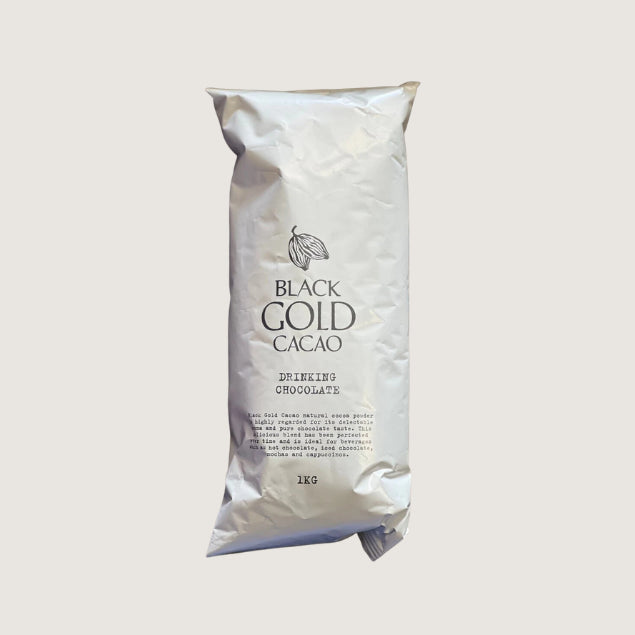 A white bag of chocolate drinking powder to buy online with Black and Gold brand logo 