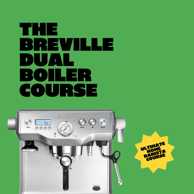 Breville Dual Boiler machine for online learning course with black text on green background with gold sticker saying ultimate barista course
